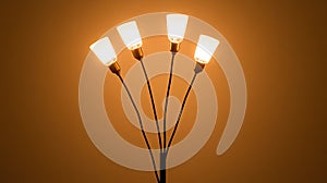 Artistic tree-shaped lamp with luminous bulbs and metal branches, illuminated in a studio setting