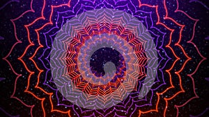 Artistic Tunnel Abstract Purple Orange Lotus Mandala Lines Glowing Neon Light Pattern Against Dark Purple Glitter Starry Sky