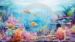 Artistic underwater coral reef with diverse fish. Wall art wallpaper