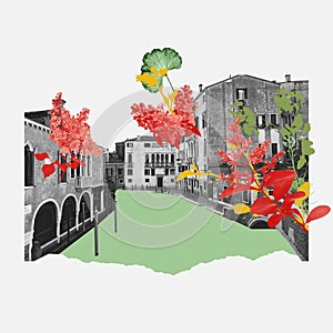 Artistic urban scene with black and white buildings and canals, vibrant red and yellow flowers. Travel agency ads