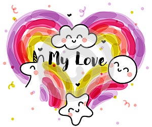 Artistic vector illustration of rainbows with sun, star, cloud and unicorn in shape of heart. Funny design for cute greeting card
