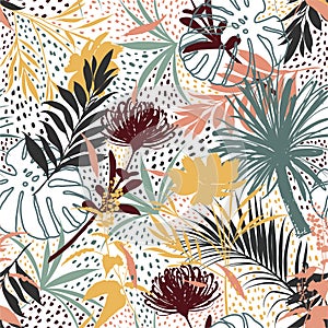 Artistic .Vector seamless pattern with hand drawing silhouette botanical wild plants, leaves and flowers, colorful botanical
