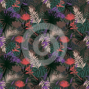 Artistic .Vector seamless pattern with hand drawing silhouette botanical wild plants, leaves and flowers, colorful botanical