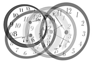 Artistic view round isolated clocks with latin numerals intersect with each other to show time passing and stress in life