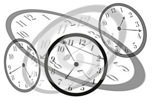 Artistic view round isolated clocks with latin numerals intersect with each other to show time passing and stress in life