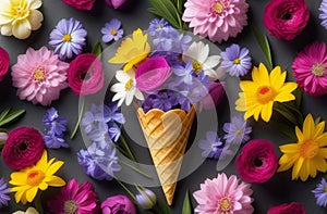 Artistic waffle cone filled with vibrant petals and grass on table