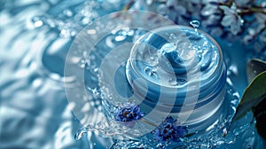 Artistic water splash with blue flowers
