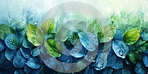 Artistic watercolor blend capturing fresh droplets on vibrant green and blue leaves under gentle rain