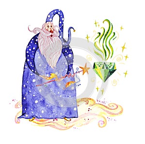 Artistic watercolor hand drawn magic illustration with stars, wizard with magic wand conjuring magic diamond photo