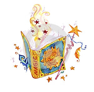 Artistic watercolor hand drawn magic illustration with stars, wizard spell book, feather, magic wand and fairy smoke