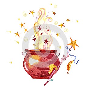 Artistic watercolor hand drawn magic pot illustration with stars, smoke, fire and wand