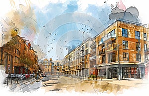 Artistic Watercolor Impression of Urban Living in Contemporary Apartments