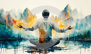 Artistic watercolor painting of a contemplative man meditating with outstretched arms, merging with a serene mountainous