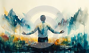 Artistic watercolor painting of a contemplative man meditating with outstretched arms, merging with a serene mountainous