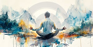 Artistic watercolor painting of a contemplative man meditating with outstretched arms, merging with a serene mountainous