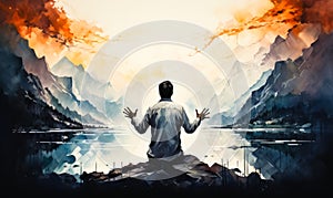 Artistic watercolor painting of a contemplative man meditating with outstretched arms, merging with a serene mountainous