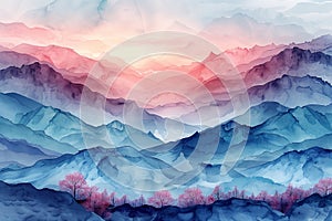 Artistic watercolor painting of layered mountains with a vibrant sunrise