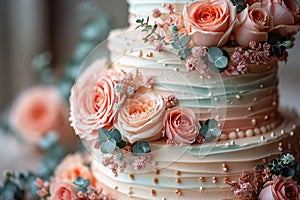 Artistic wedding cake with roses and eucalyptus, perfect for culinary. AI Generated