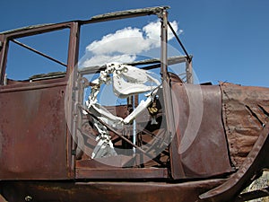 Cow bones driving a rusty jalopy near Great Basin National Park.