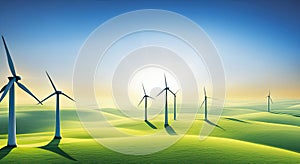 Artistic wind turbines generator farm in green landscape with blue sky and copy space generative ai illustration