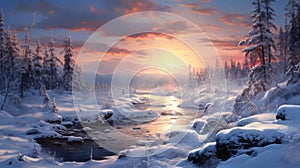 Snowy Valley With Trees: A Romantic Riverscape By Mark Lovett photo