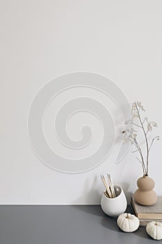 Artistic wokspace, still life. Pencils in ceramic holder. Vase with dry lunaria flowers, litttle white pumpkins, books