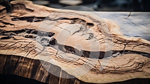 Artistic Wooden Table Detail Showcasing Intricate Grain And Natural Cracks. Generative AI