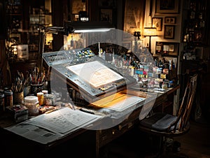Artistic Workspace with Drafting Table, Tools, and Bright Lighting
