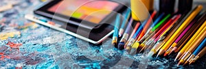 Creative workspace filled with artistic tools including brushes, pencils, and digital tablets for vibrant artistic
