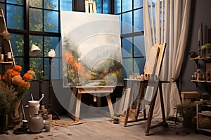 Artistic workspace Studio interior with wooden easel, blank canvas masterpiece