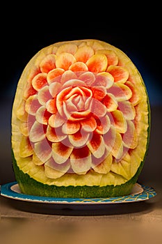 Artistically carved watermelon in shape of a flower