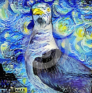 Artistic Starry Night Impressionist Seagull Portrait Painting photo