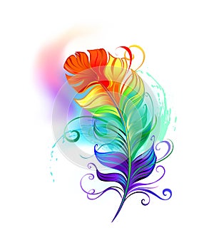 Rainbow fluffy feather on white background photo