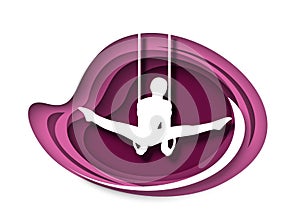 Artistics gymnastics. Male gymnast athlete sportsman silhouette doing exercises on rings, vector paper cut illustration.