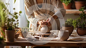 Artistry in Motion: Potters Hands Shaping Clay on Spinning Wheel