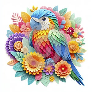 Artistry in Paper: Kirigami Parrot Amid Lush Florals, Isolated on White for Maximum Visual Impact