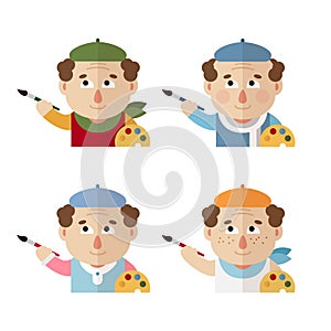 Artists in a beret with a palette and brush at different times of the year: winter, spring, summer, autumn.