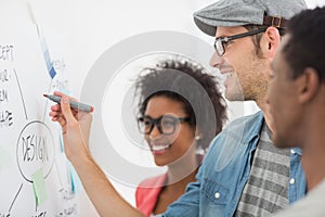 Artists in discussion in front of whiteboard