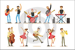 Artists Playing Music Instruments And Singing On Stage Concert Series Of Musicians Cartoon Vector Characters