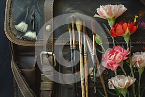 artists satchel with paintbrushes and carnations
