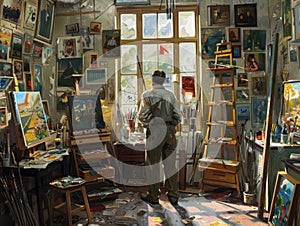 An artists studio brimming with imaginative works as a painter with an honest gaze celebrates a masterpiece of jubilation