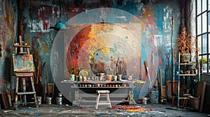 An Artists Studio With a Large Painting on the Wall