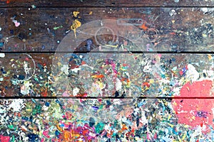 Artists workshop or studio bench covered with splattered paint built up in authentic texture on painted surface