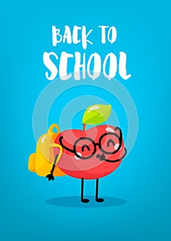 Ð¡artoon apple schoolboy with backpack on blue background. Back to school card. Vector