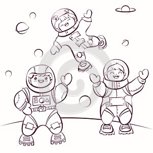 ?artoon astronauts in outer space, vector illustration for colouring