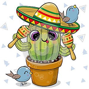 ÃÂ¡artoon cactus wearing a sombrero with a maracas photo