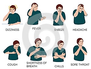 Ð¡artoon characters demonstrating symptoms of common cold - fever, cough, sore throat, snot, chills, dizziness, sneeze,