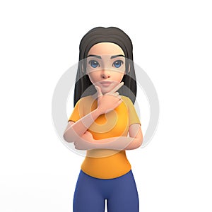 Ð¡artoon girl in a yellow t-shirt and jeans is thinking about something on a white background