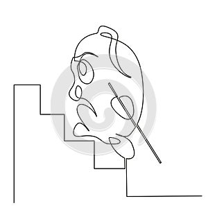 Ð¡artoon man climbs the stairs with a cane in his hand. Editable vector minimalistic image made in continuous one-line art