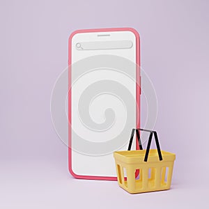 artoon minimal Smartphone with blank white screen and shopping basket retail store on e-commerce.